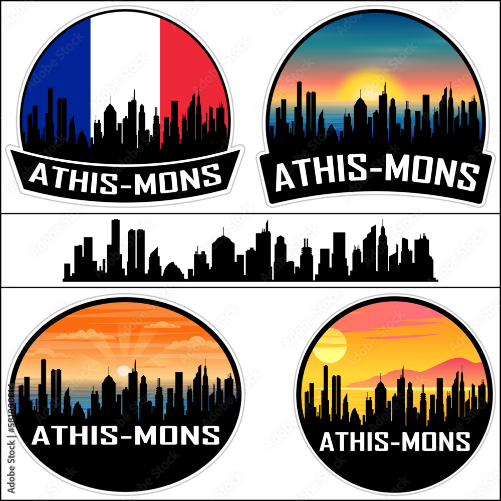 Athis Mons Skyline Silhouette France Flag Travel Souvenir Sticker Sunset Background Vector Illustration SVG EPS AI