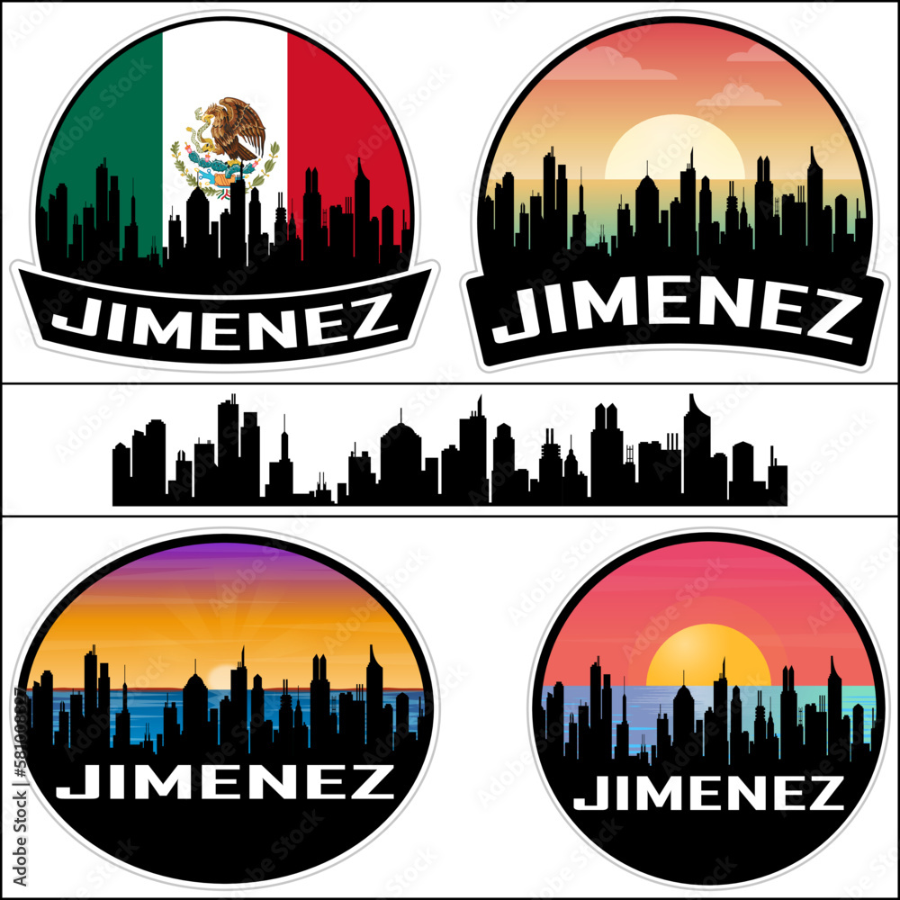 Jimenez Skyline Silhouette Mexico Flag Travel Souvenir Sticker Sunset Background Vector Illustration SVG EPS AI