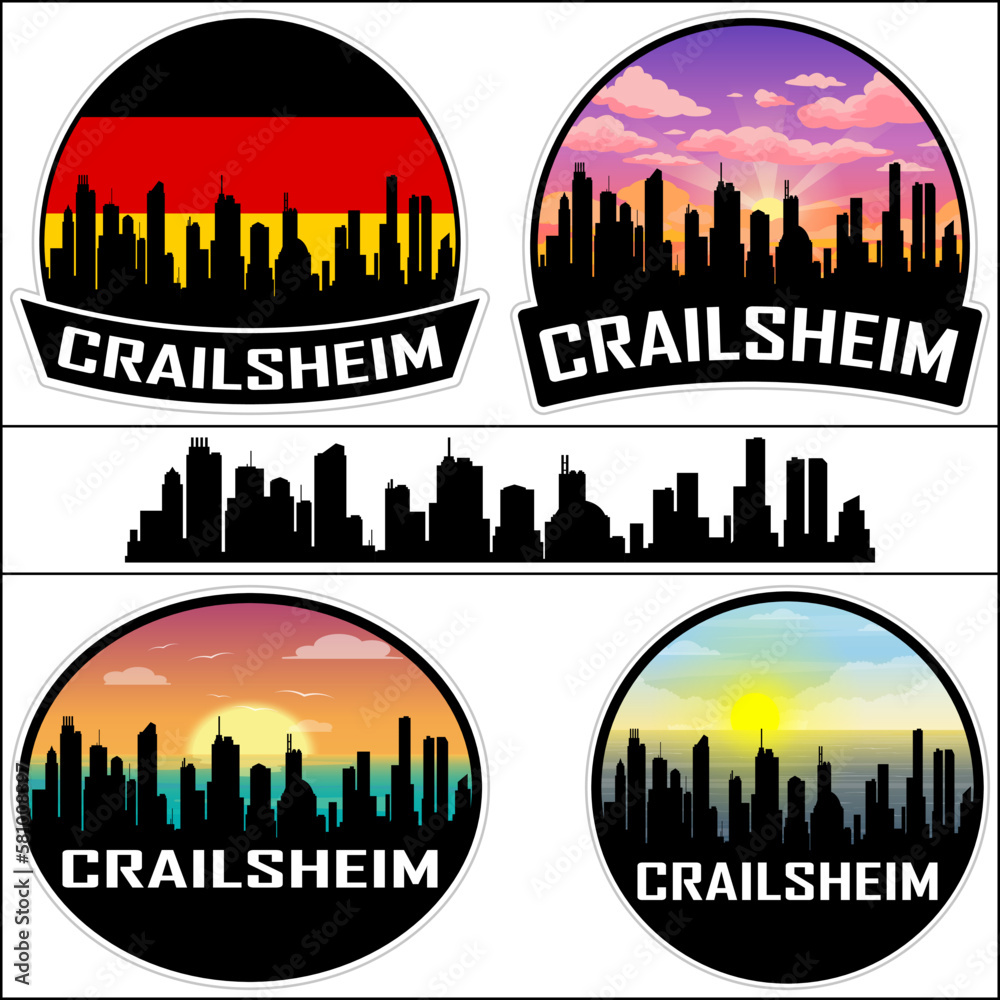 Crailsheim Skyline Silhouette Germany Flag Travel Souvenir Sticker Sunset Background Vector Illustration SVG EPS AI