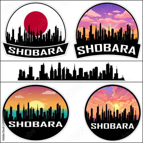 Shobara Skyline Silhouette Japan Flag Travel Souvenir Sticker Sunset Background Vector Illustration SVG EPS AI
