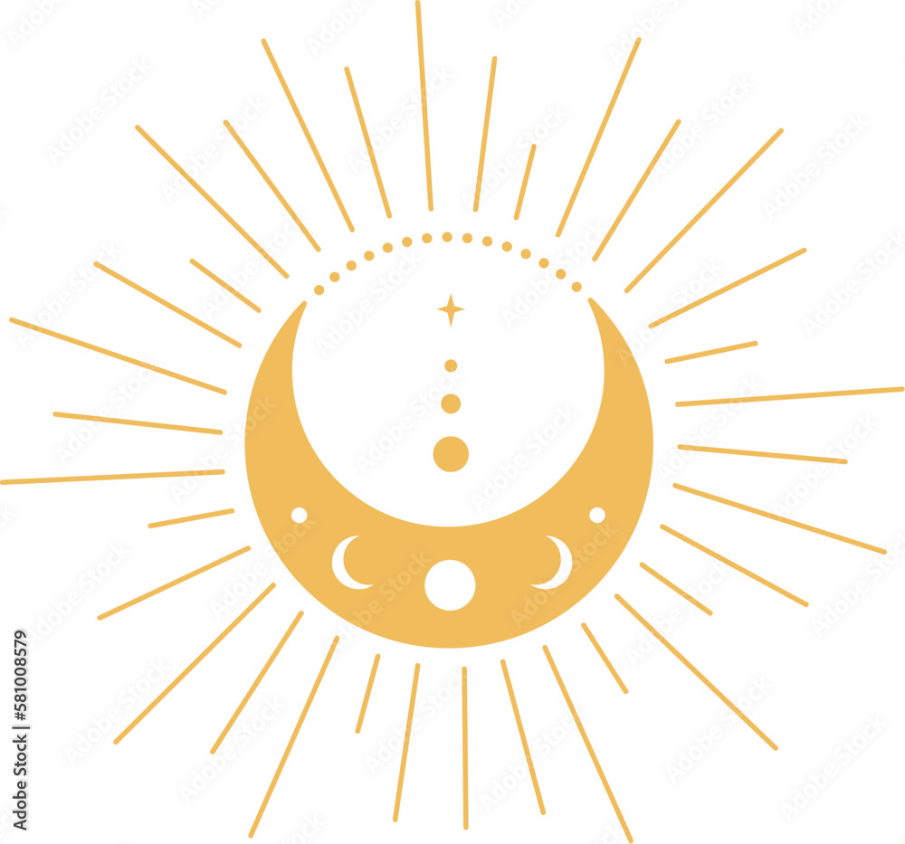 Vecteur Stock Bohemian Crescent Moon with Stars and Rays Astrology ...