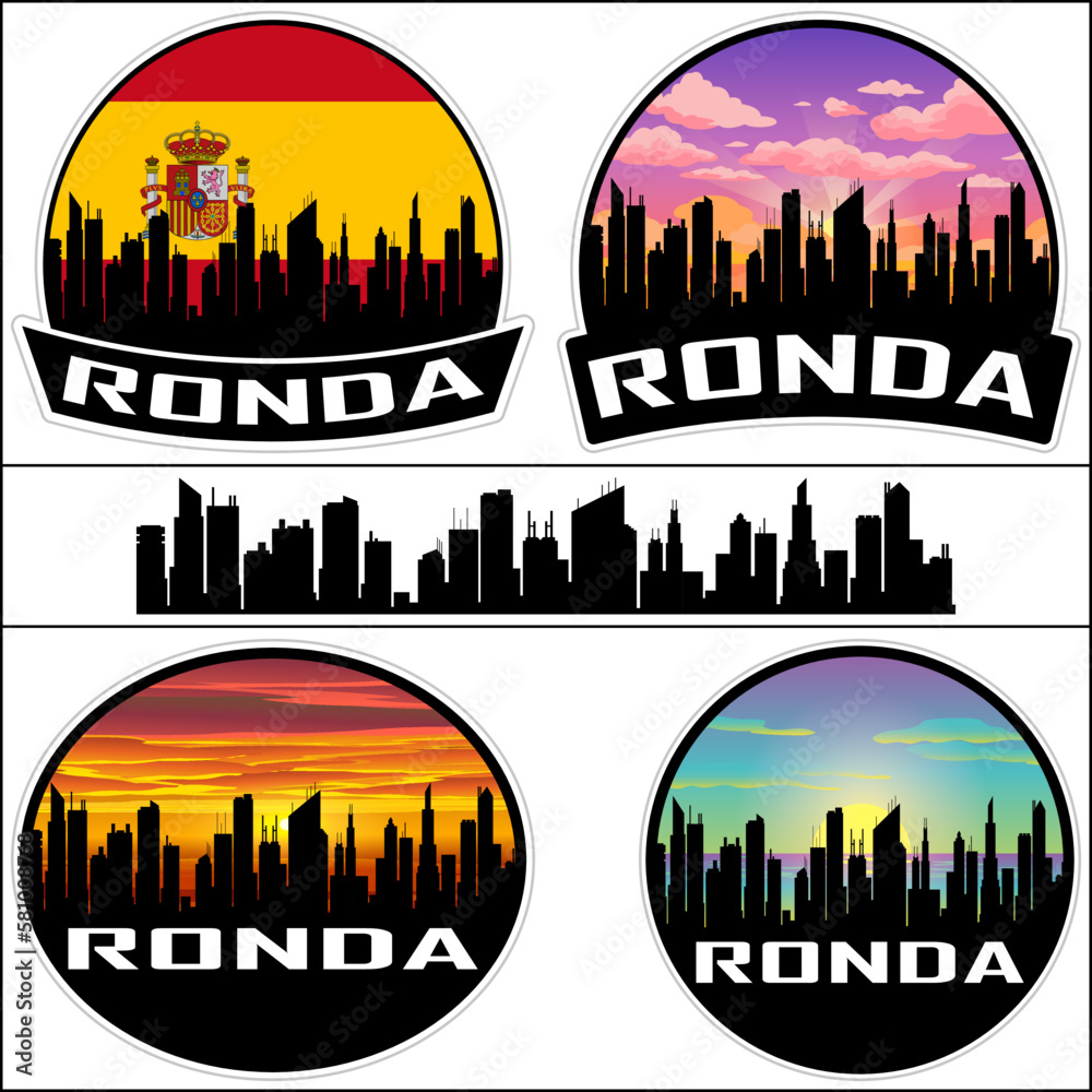 Ronda Skyline Silhouette Spain Flag Travel Souvenir Sticker Sunset Background Vector Illustration SVG EPS AI