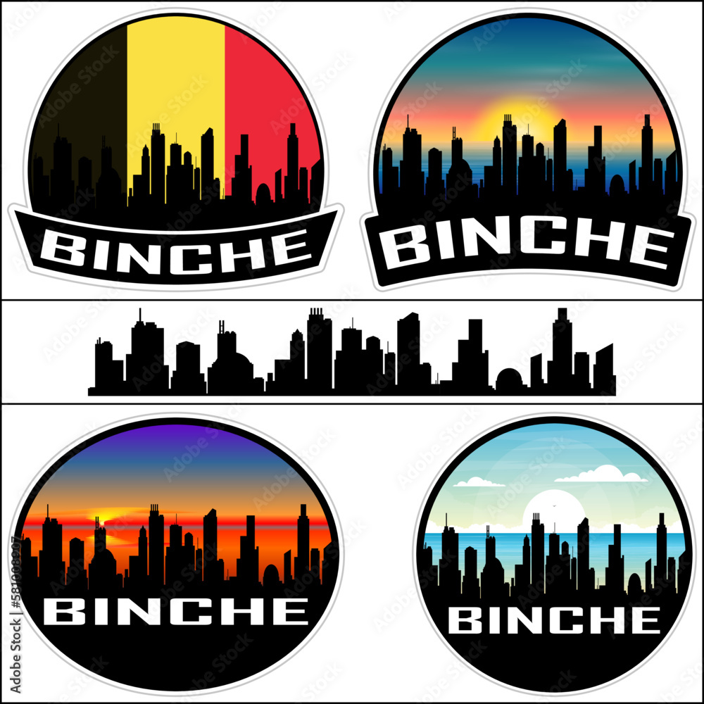 Binche Skyline Silhouette Belgium Flag Travel Souvenir Sticker Sunset Background Vector Illustration SVG EPS AI