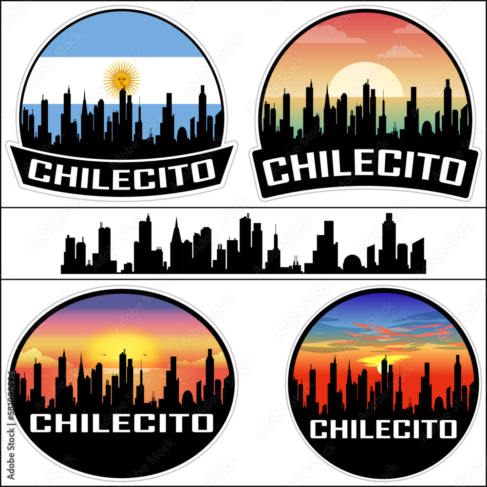Chilecito Skyline Silhouette Argentina Flag Travel Souvenir Sticker Sunset Background Vector Illustration SVG EPS AI