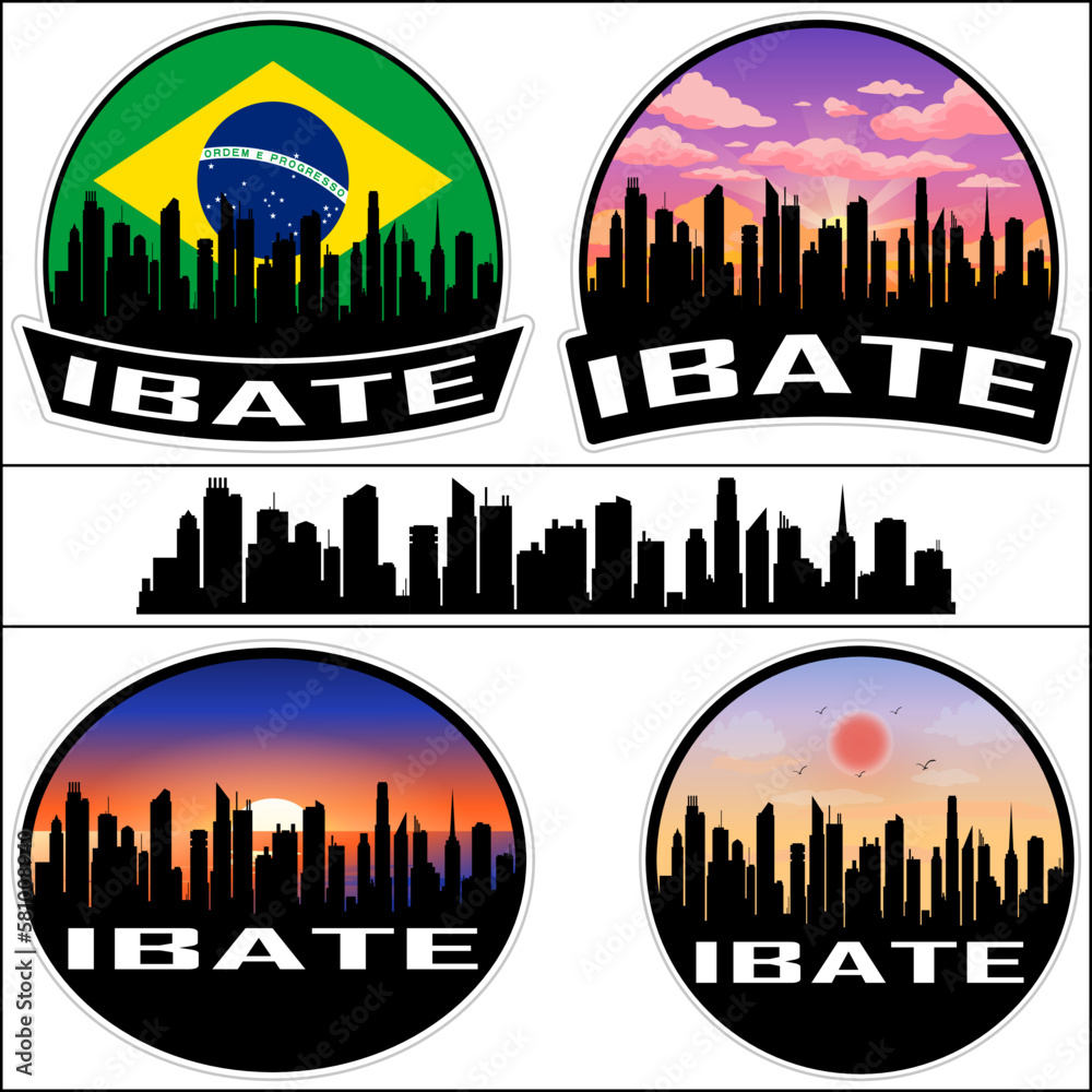 Ibate Skyline Silhouette Brazil Flag Travel Souvenir Sticker Sunset Background Vector Illustration SVG EPS AI