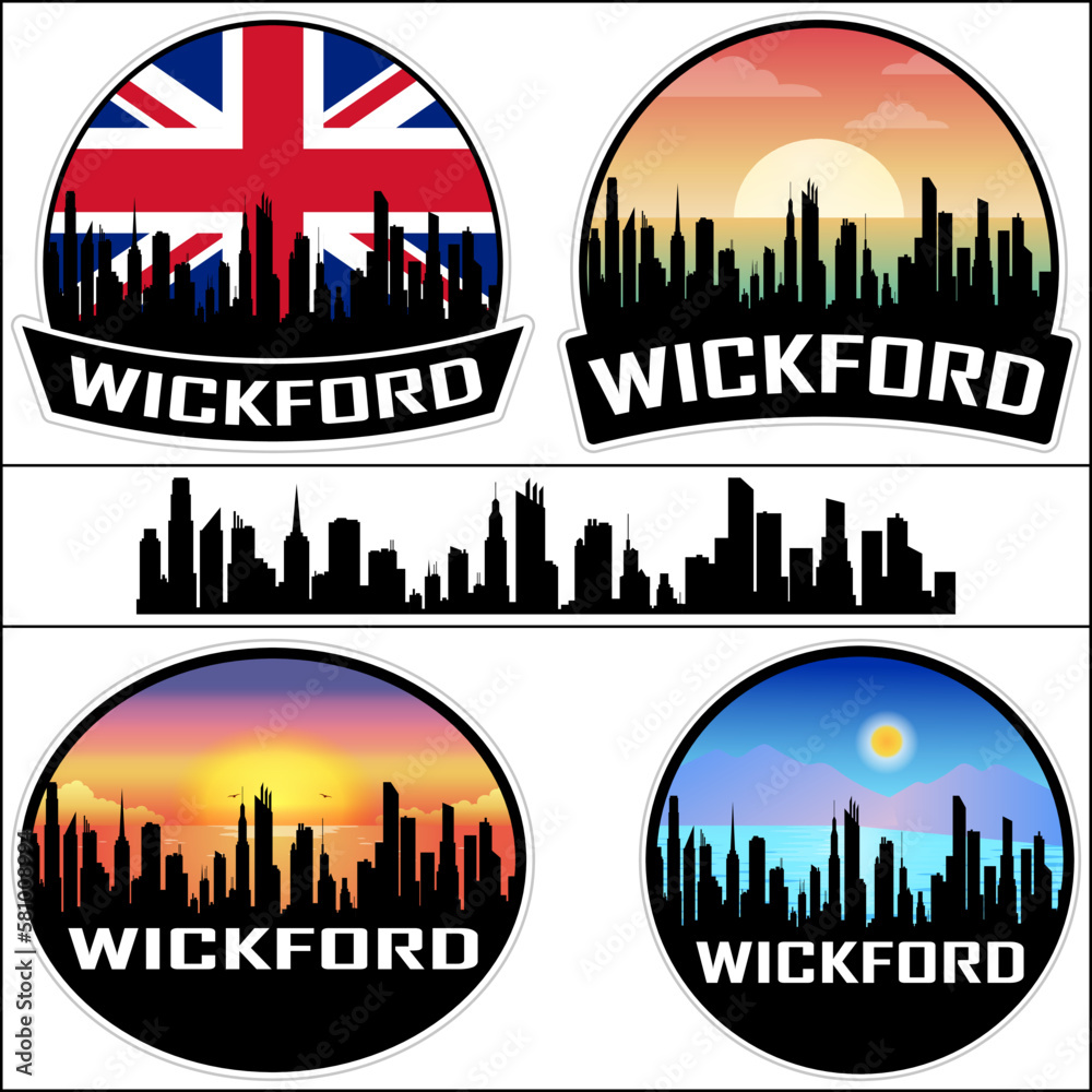 Wickford Skyline Silhouette Uk Flag Travel Souvenir Sticker Sunset Background Vector Illustration SVG EPS AI