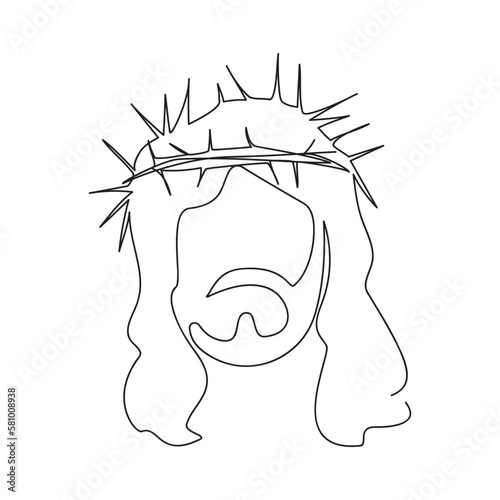 Continuous line drawing of Jesus Christ wearing a crown of thorns. Vector