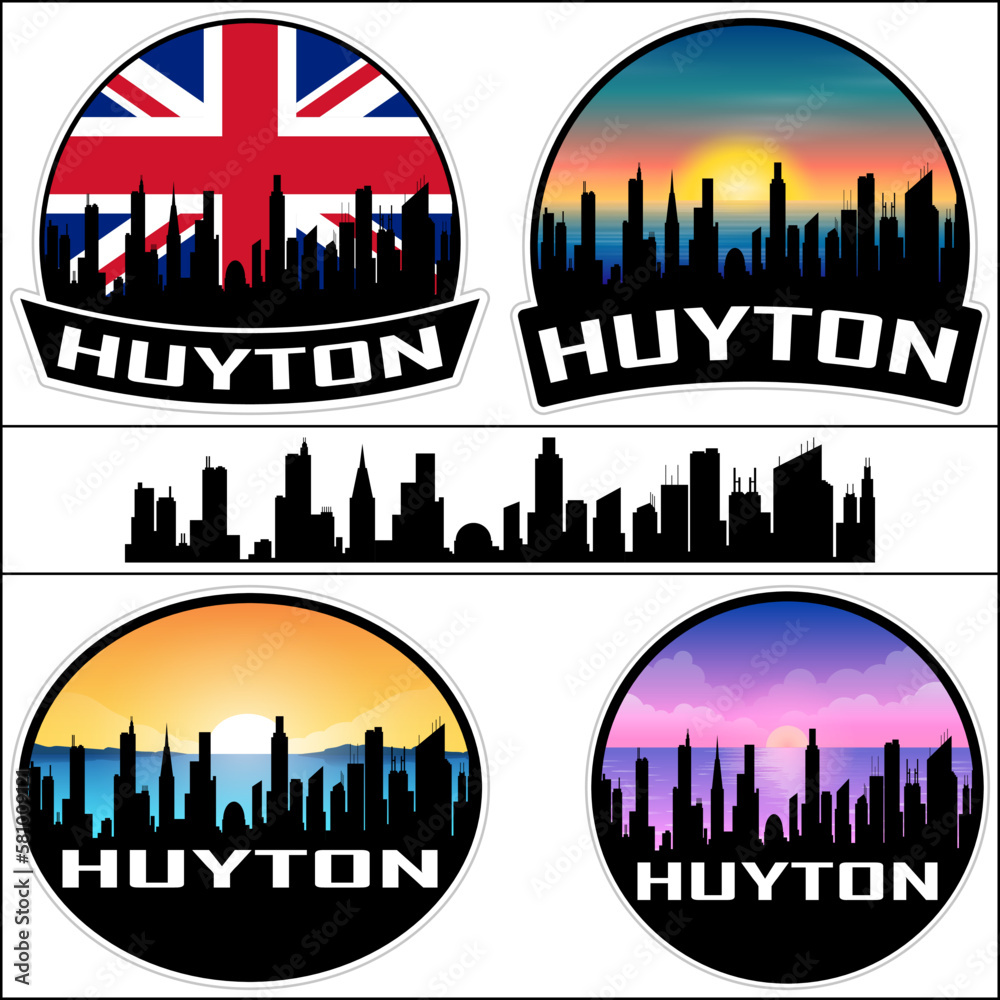 Huyton Skyline Silhouette Uk Flag Travel Souvenir Sticker Sunset Background Vector Illustration SVG EPS AI