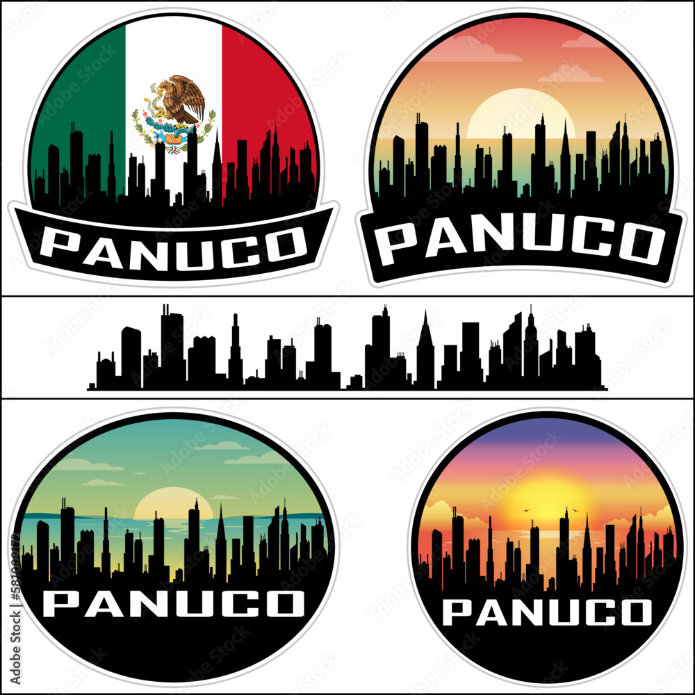 Panuco Skyline Silhouette Mexico Flag Travel Souvenir Sticker Sunset Background Vector Illustration SVG EPS AI