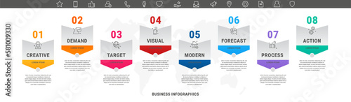 Vector infographics with 8 arrows. Business concept graphic process template with eight steps. Graphic timeline for app, website, interface, chart, levels, web, diagram, banner, presentations
