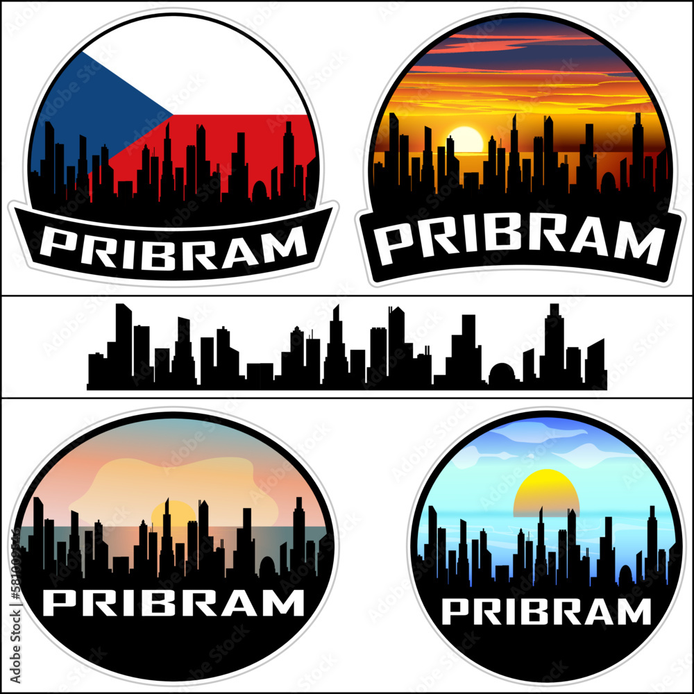 Pribram Skyline Silhouette Czech Flag Travel Souvenir Sticker Sunset Background Vector Illustration SVG EPS AI