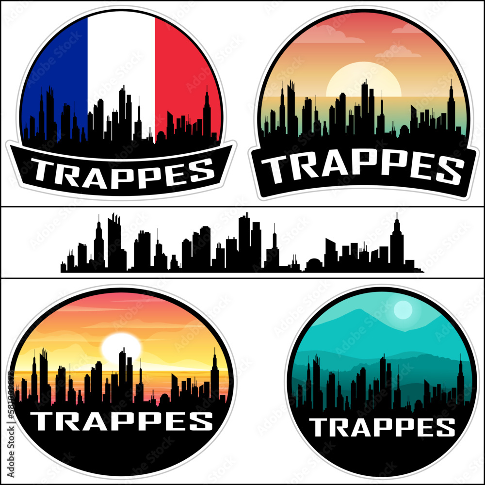 Trappes Skyline Silhouette France Flag Travel Souvenir Sticker Sunset Background Vector Illustration SVG EPS AI