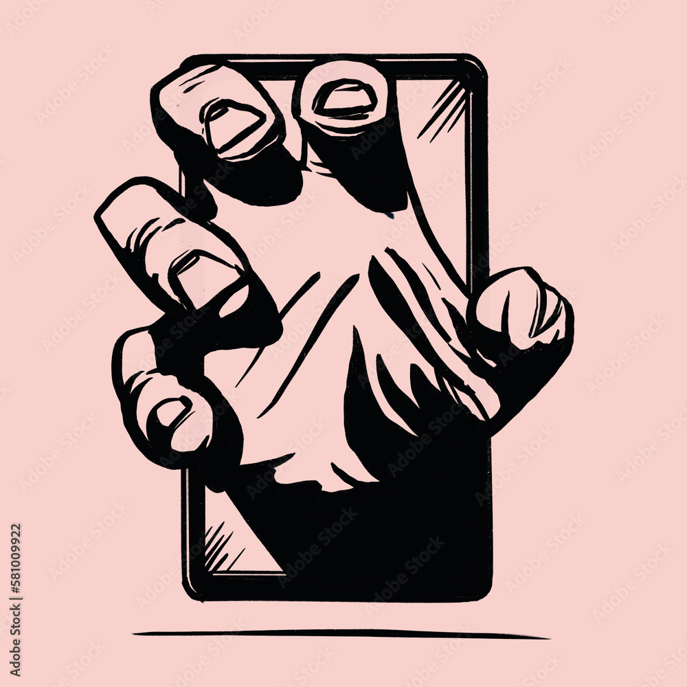 Black Ink Brush illustration of a hand reaching out of a phone attempting to grab the holder