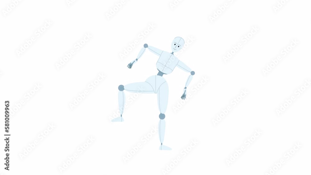Animated humanoid robot movements. Robotics engineering. Dance automation. Flat character animation white background with alpha channel transparency. Color cartoon style 4K video footage Animated humanoid robot movements. Robotics engineering. Dance automation. Flat character animation white background with alpha channel transparency. Color cartoon style 4K video footage
