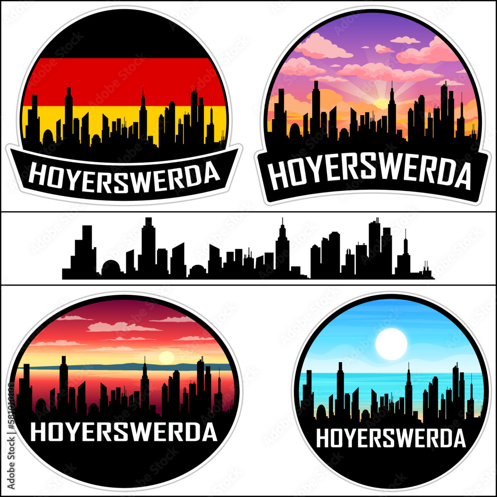 Hoyerswerda Skyline Silhouette Germany Flag Travel Souvenir Sticker Sunset Background Vector Illustration SVG EPS AI