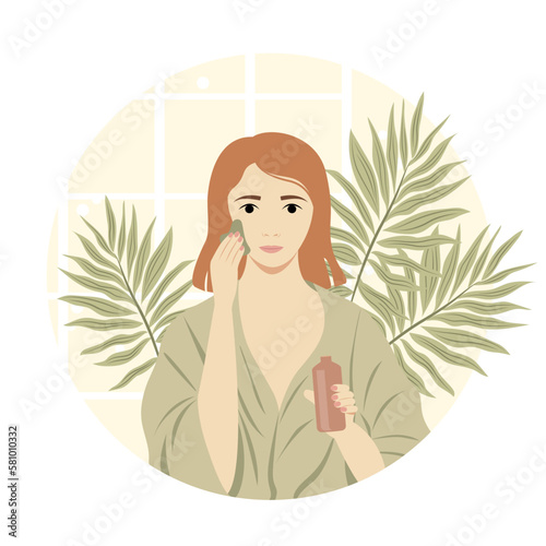 Vector illustration of a girl in a bathrobe doing facial massage with gouache scraper in the bathroom. Banner concept of cosmetology, beauty, home care, cosmetic procedures at home.