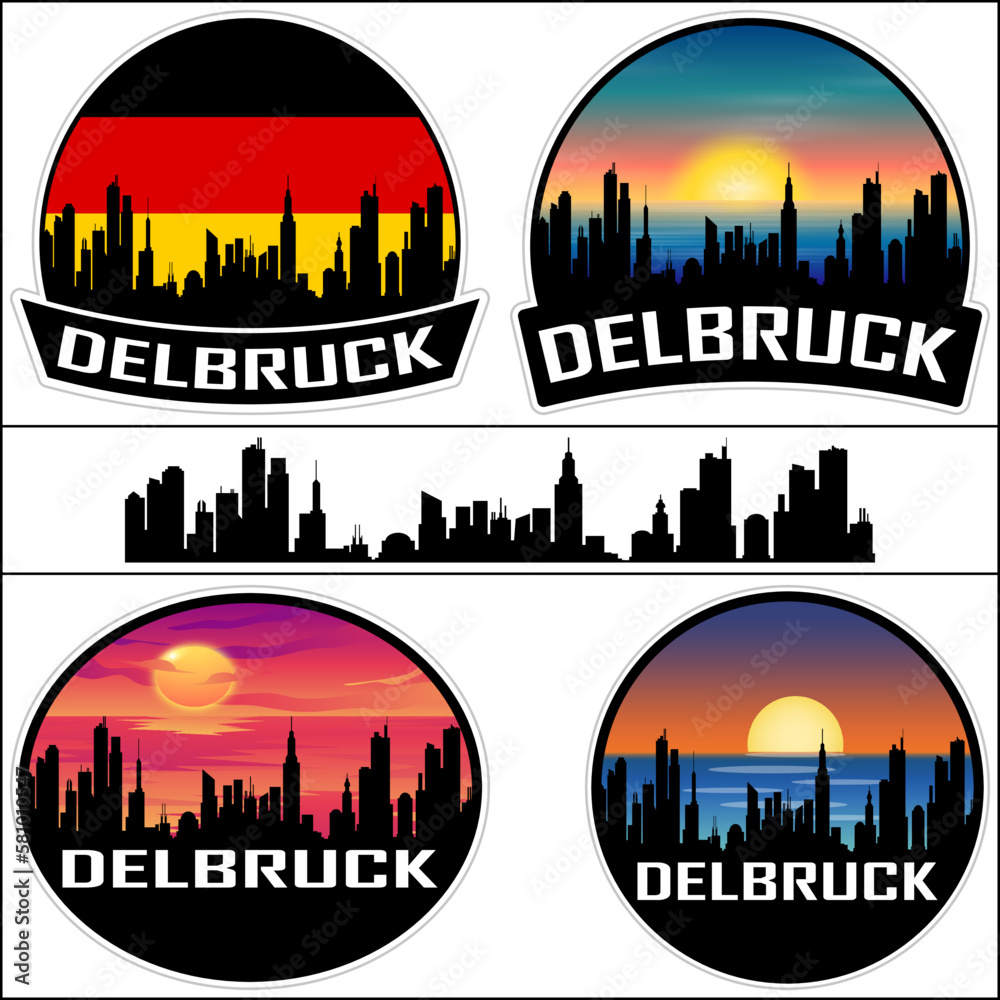 Delbruck Skyline Silhouette Germany Flag Travel Souvenir Sticker Sunset Background Vector Illustration SVG EPS AI