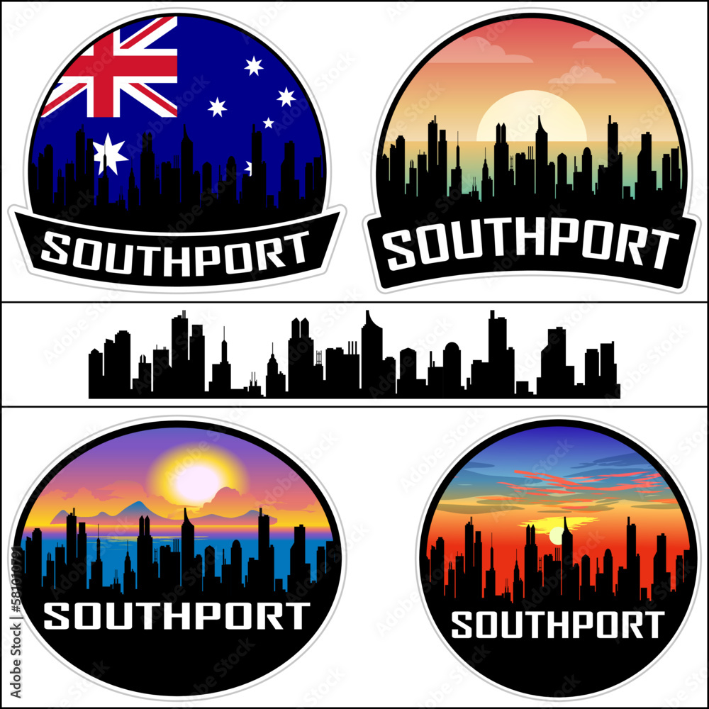 Southport Skyline Silhouette Australia Flag Travel Souvenir Sticker Sunset Background Vector Illustration SVG EPS AI
