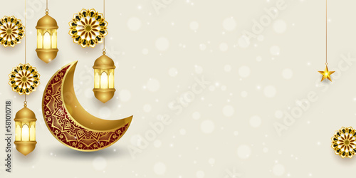 arabic islamic luxury 3d moon ramadan or ramadhan banner for eid al fitr adha ramzan milad un nabi jumma mubarak background	