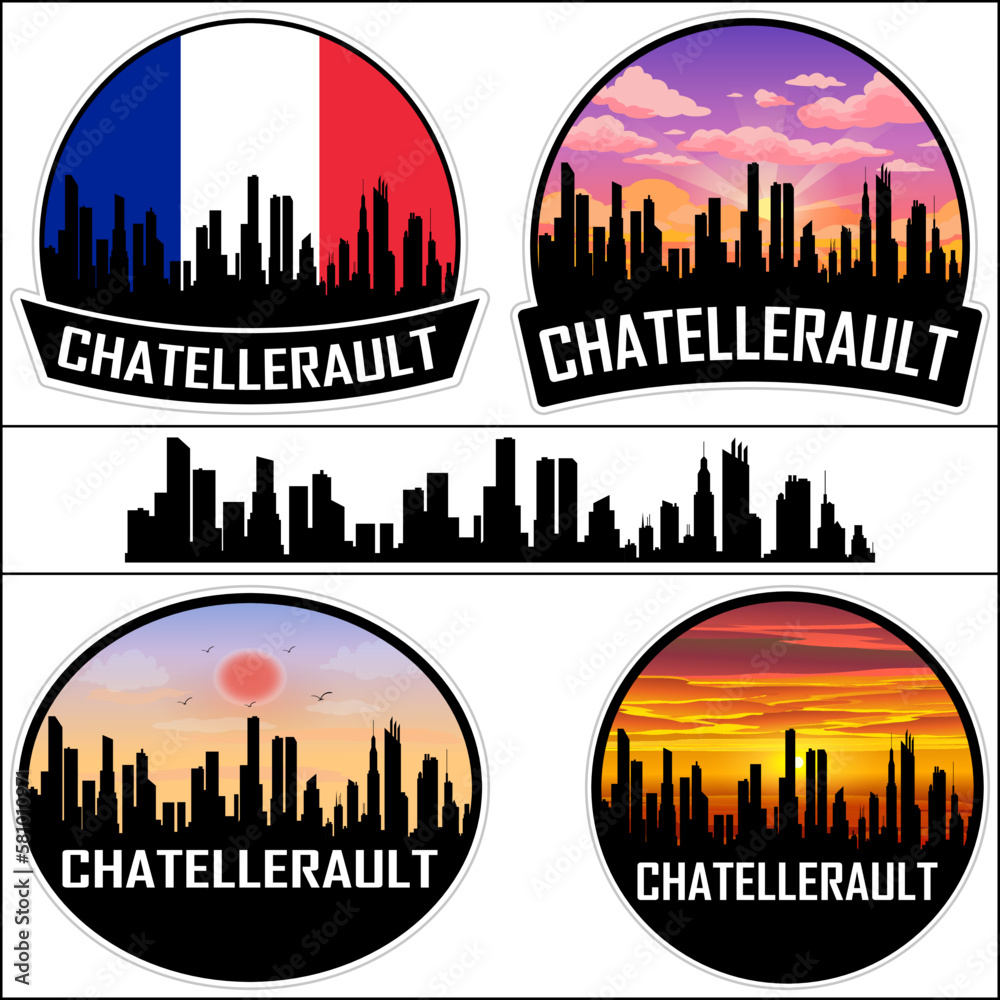 Chatellerault Skyline Silhouette France Flag Travel Souvenir Sticker Sunset Background Vector Illustration SVG EPS AI