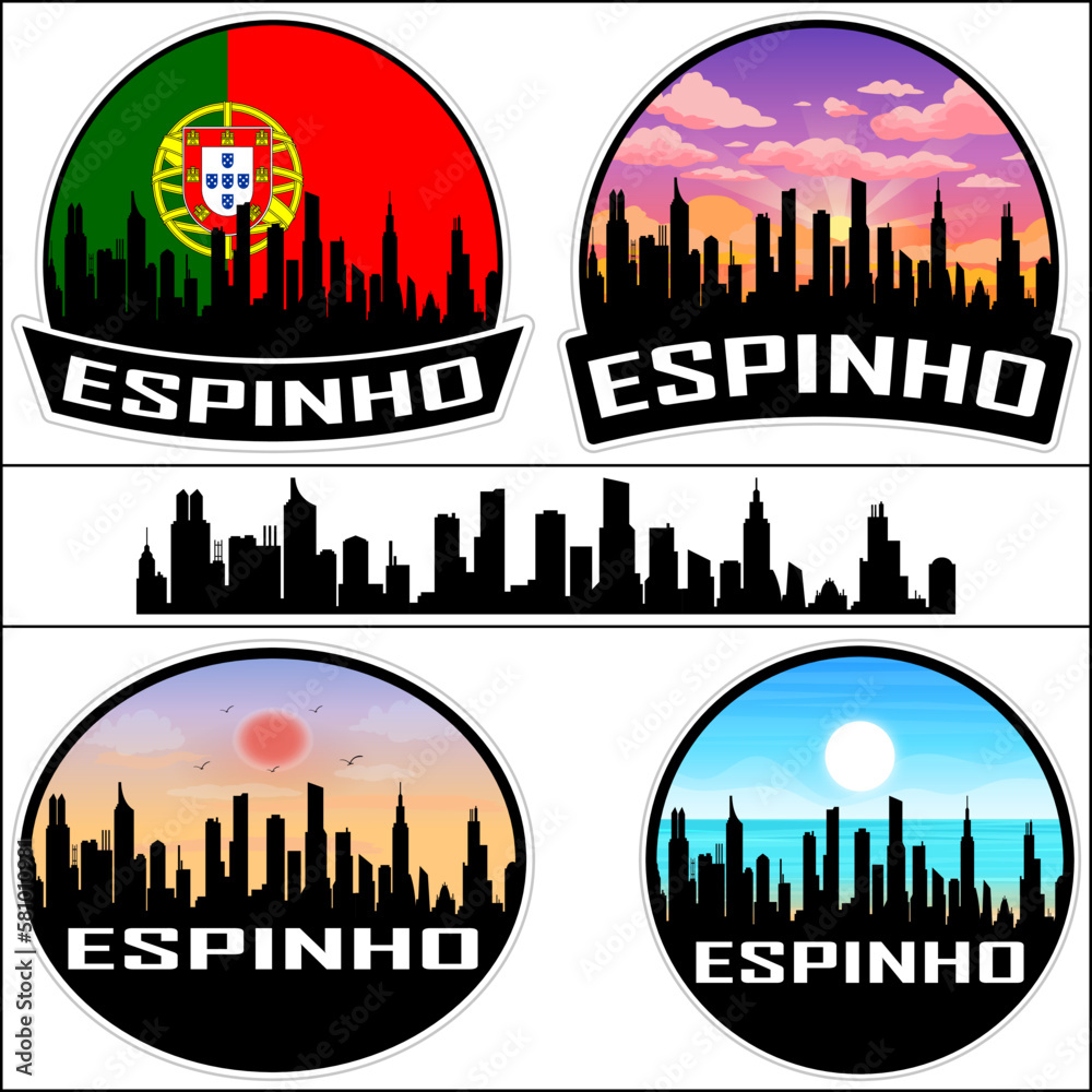Espinho Skyline Silhouette Portugal Flag Travel Souvenir Sticker Sunset Background Vector Illustration SVG EPS AI