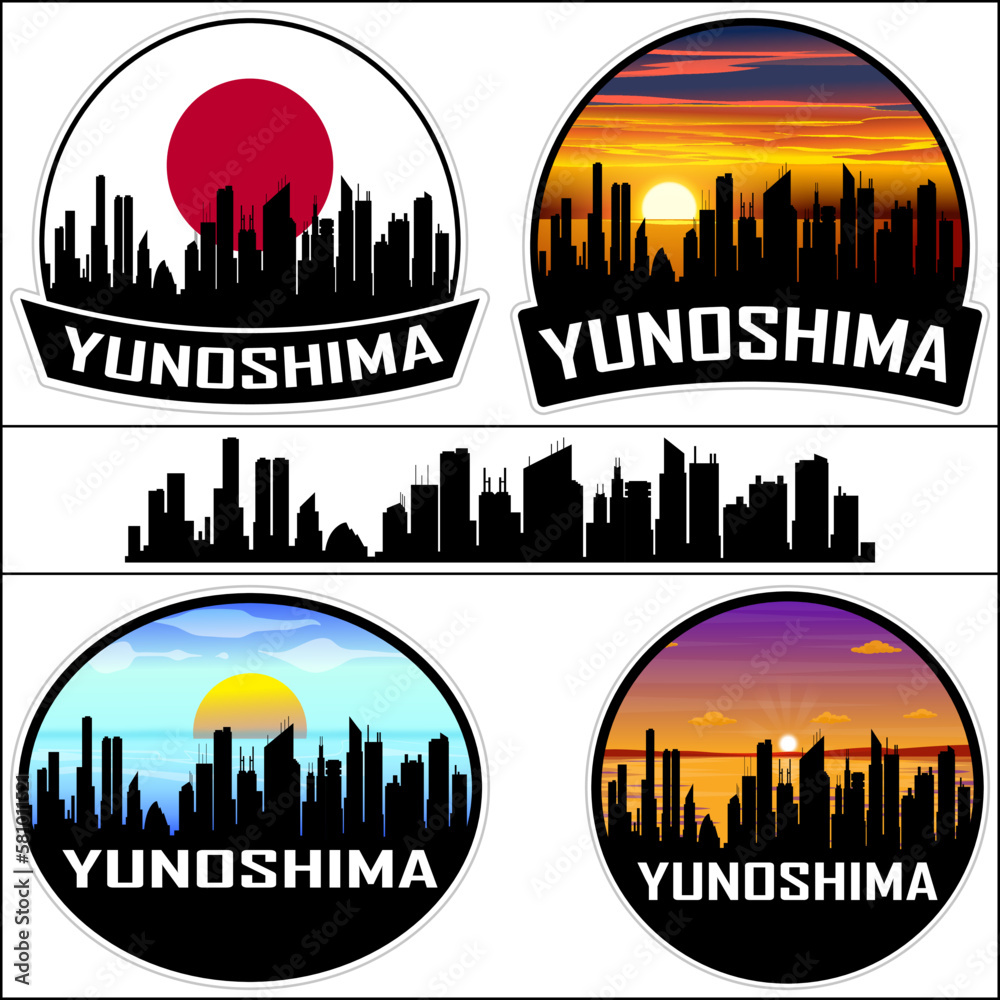 Yunoshima Skyline Silhouette Japan Flag Travel Souvenir Sticker Sunset Background Vector Illustration SVG EPS AI