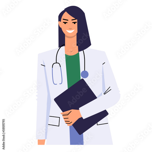 Young female doctor in a white coat. A woman holds a clipboard, or a folder, a tablet. A medical worker with a stethoscope is smiling. Flat vector isolated on white.