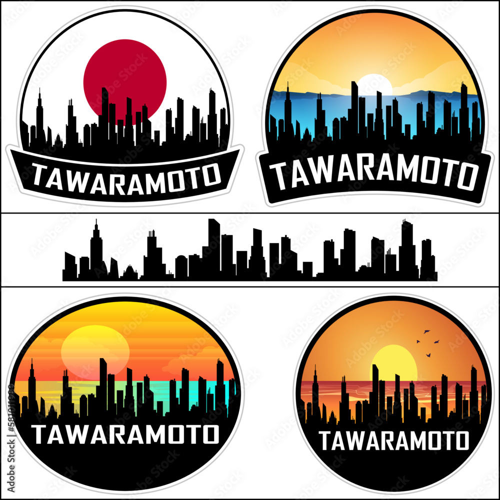 Tawaramoto Skyline Silhouette Japan Flag Travel Souvenir Sticker Sunset Background Vector Illustration SVG EPS AI