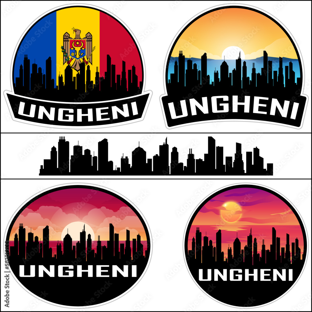 Ungheni Skyline Silhouette Moldova Flag Travel Souvenir Sticker Sunset Background Vector Illustration SVG EPS AI