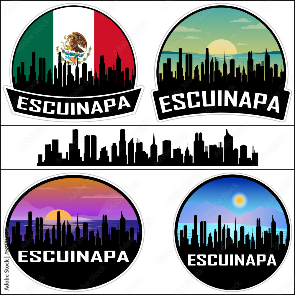 Escuinapa Skyline Silhouette Mexico Flag Travel Souvenir Sticker Sunset Background Vector Illustration SVG EPS AI