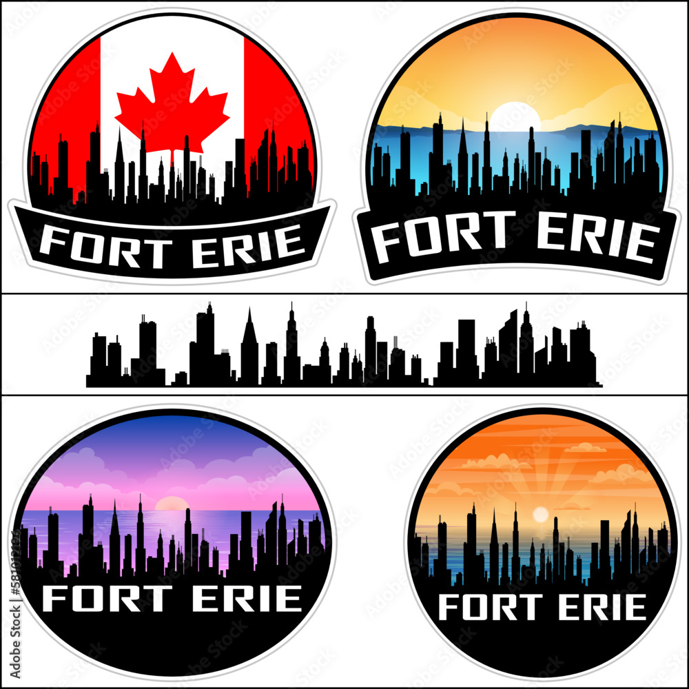 Fort Erie Skyline Silhouette Canada Flag Travel Souvenir Sticker Sunset Background Vector Illustration SVG EPS AI