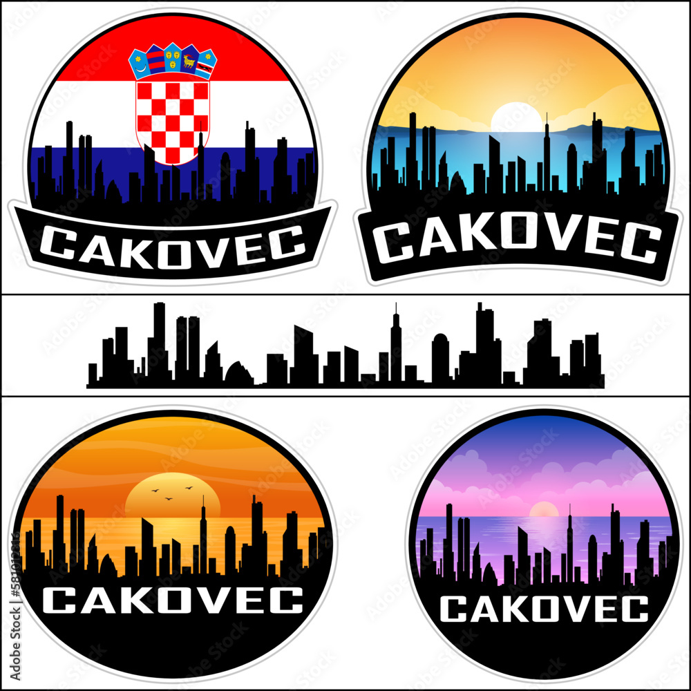 Cakovec Skyline Silhouette Croatia Flag Travel Souvenir Sticker Sunset Background Vector Illustration SVG EPS AI