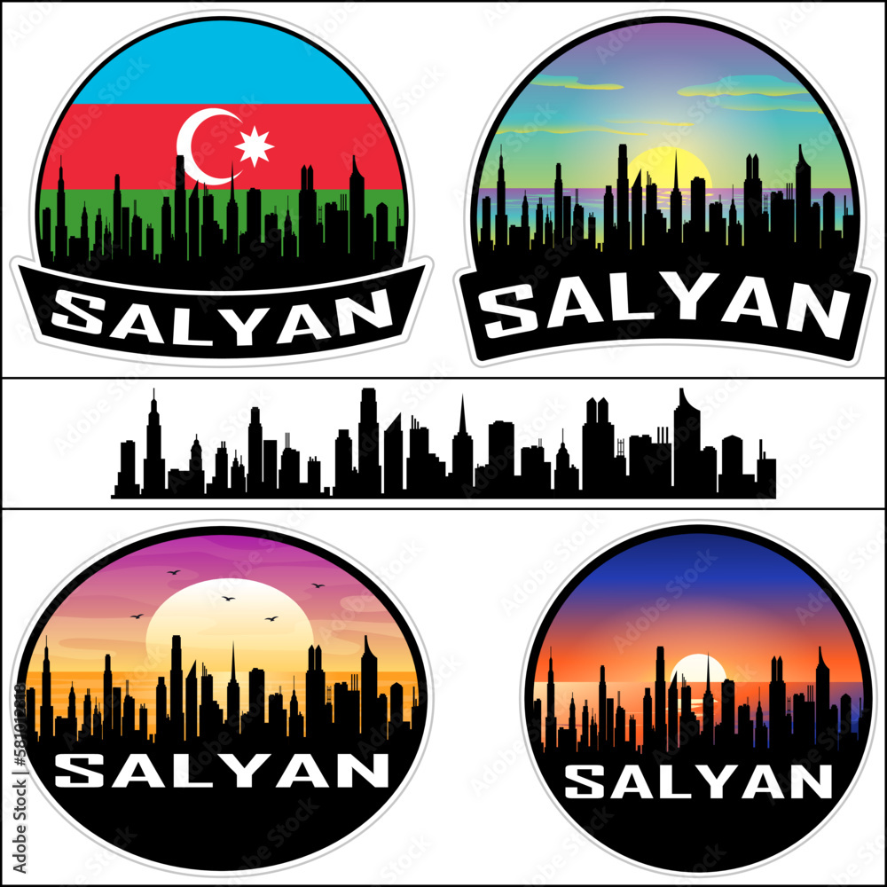 Salyan Skyline Silhouette Azerbaijan Flag Travel Souvenir Sticker Sunset Background Vector Illustration SVG EPS AI