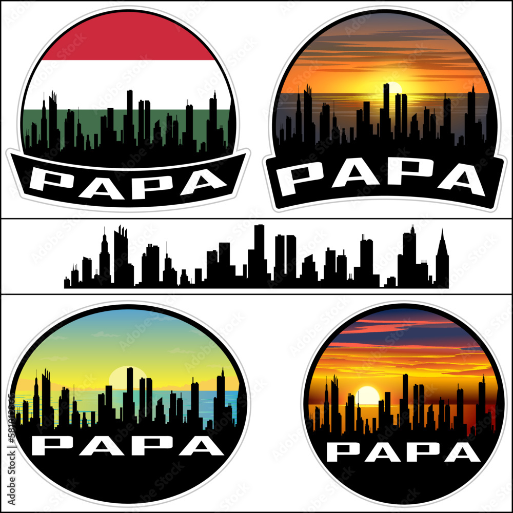 Papa Skyline Silhouette Hungary Flag Travel Souvenir Sticker Sunset Background Vector Illustration SVG EPS AI