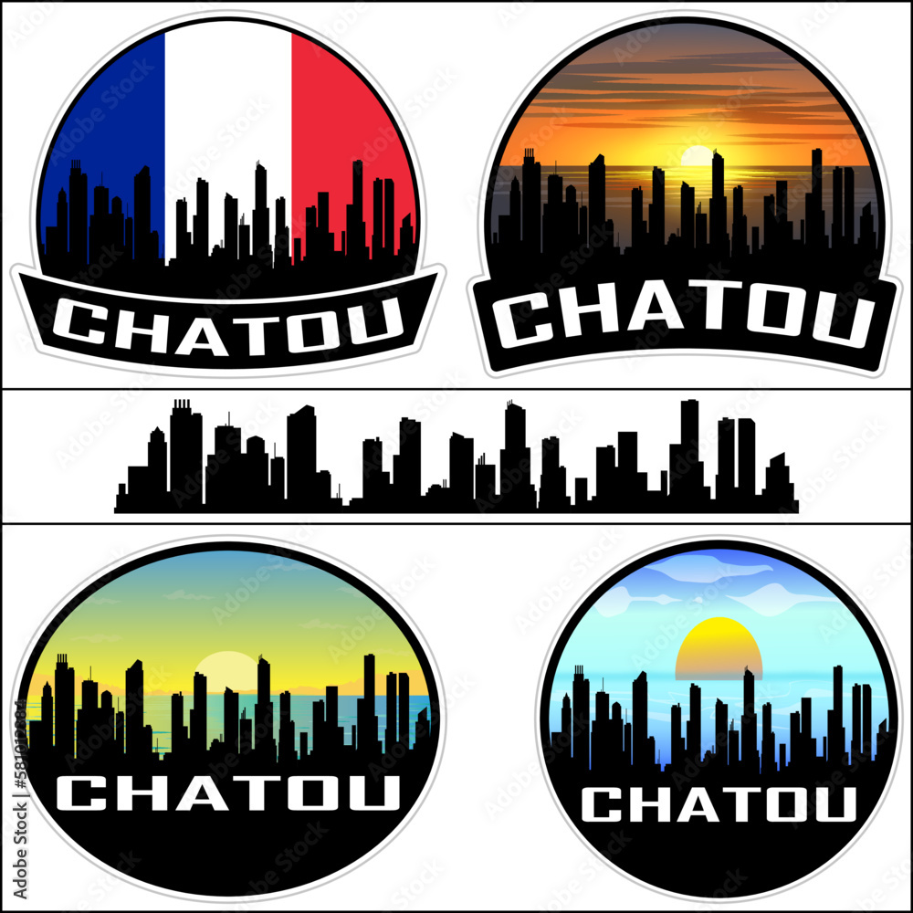 Chatou Skyline Silhouette France Flag Travel Souvenir Sticker Sunset Background Vector Illustration SVG EPS AI