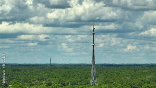 Tall telecommunication radio cell tower with wireless communication 5g antennas for network signal transmission