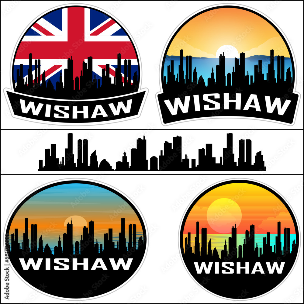 Wishaw Skyline Silhouette Uk Flag Travel Souvenir Sticker Sunset Background Vector Illustration SVG EPS AI