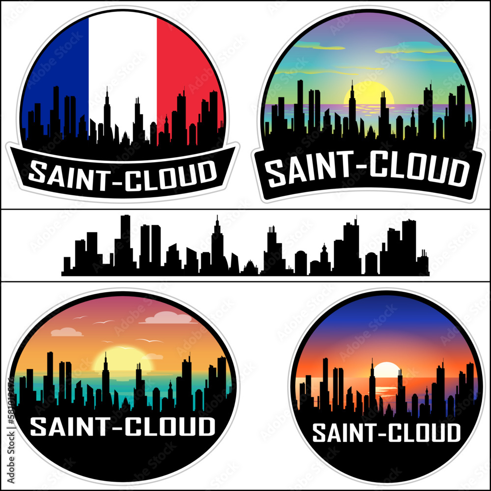 Saint Cloud Skyline Silhouette France Flag Travel Souvenir Sticker Sunset Background Vector Illustration SVG EPS AI