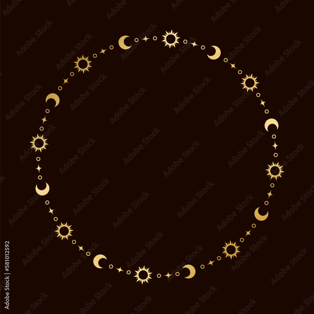 custom made wallpaper toronto digitalMystic celestial round golden frame with sun, stars, moon phases, crescents and copy space. Ornate magical background.
