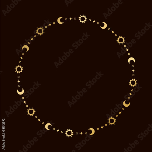 Wallpaper Mural Mystic celestial round golden frame with sun, stars, moon phases, crescents and copy space. Ornate magical background. Torontodigital.ca