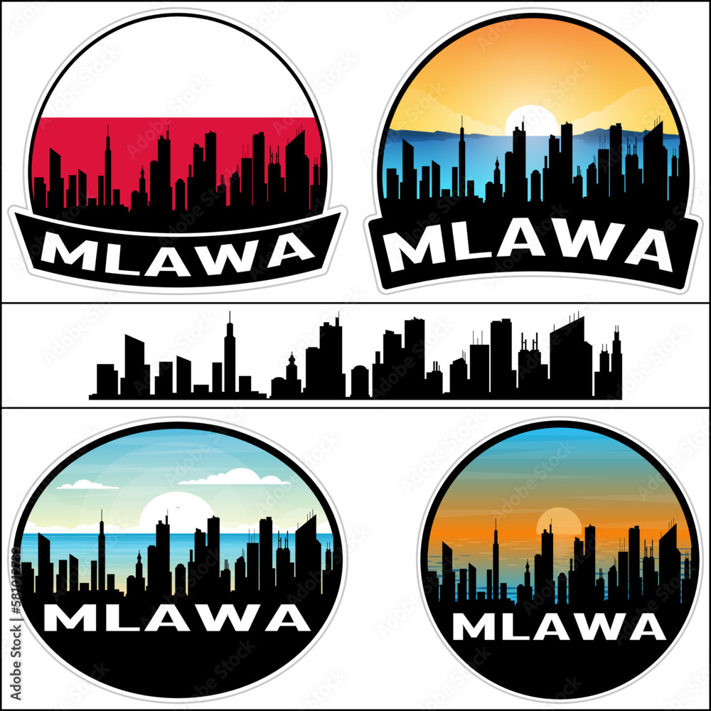 Mlawa Skyline Silhouette Poland Flag Travel Souvenir Sticker Sunset Background Vector Illustration SVG EPS AI
