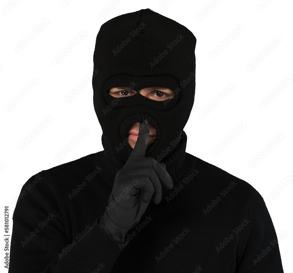Portrait of a Thief with Balaclava with Finger on Lips