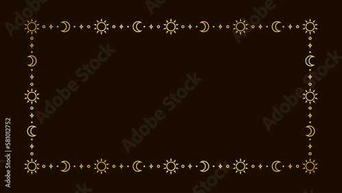 Mystic celestial rectangle golden frame with sun, stars, moon phases, crescents and copy space. Ornate magical background.