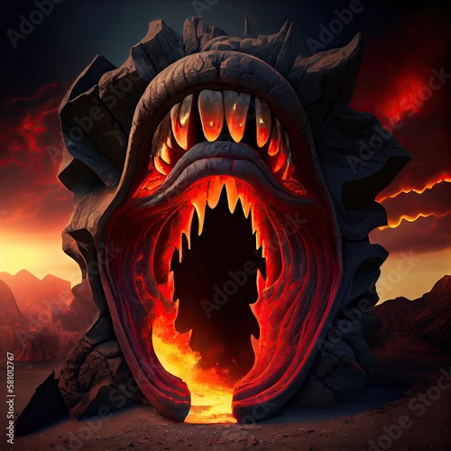 terrifying mouth-shaped portal in burning lava at gates of hell, created with generative ai photo