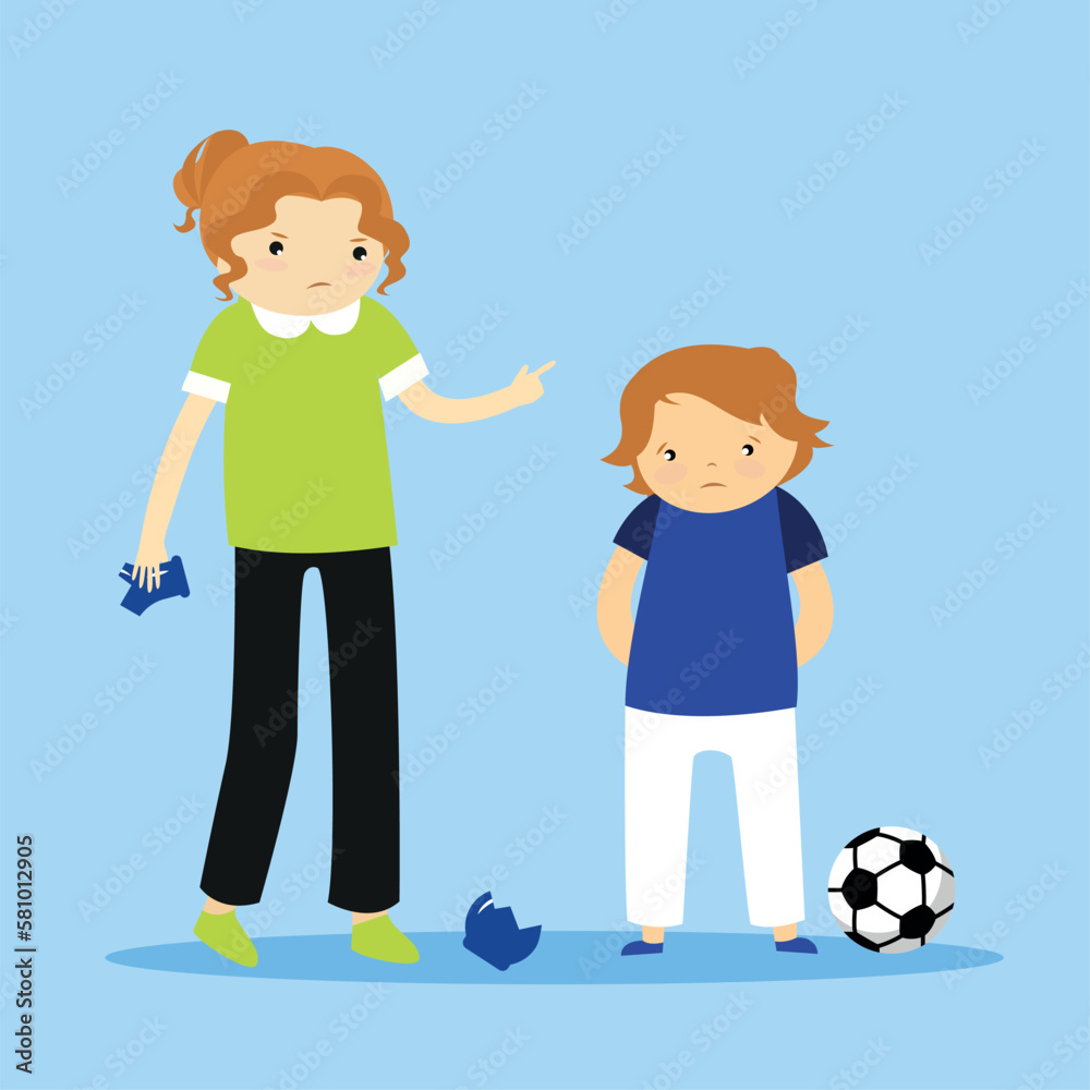 Mother scolds her son for breaking a vase with a ball Mother scolds her son for breaking a vase with a ball