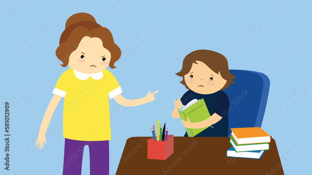 Mother and son are tired of studying. Vector illustration in flat style Mother and son are tired of studying. Vector illustration in flat style