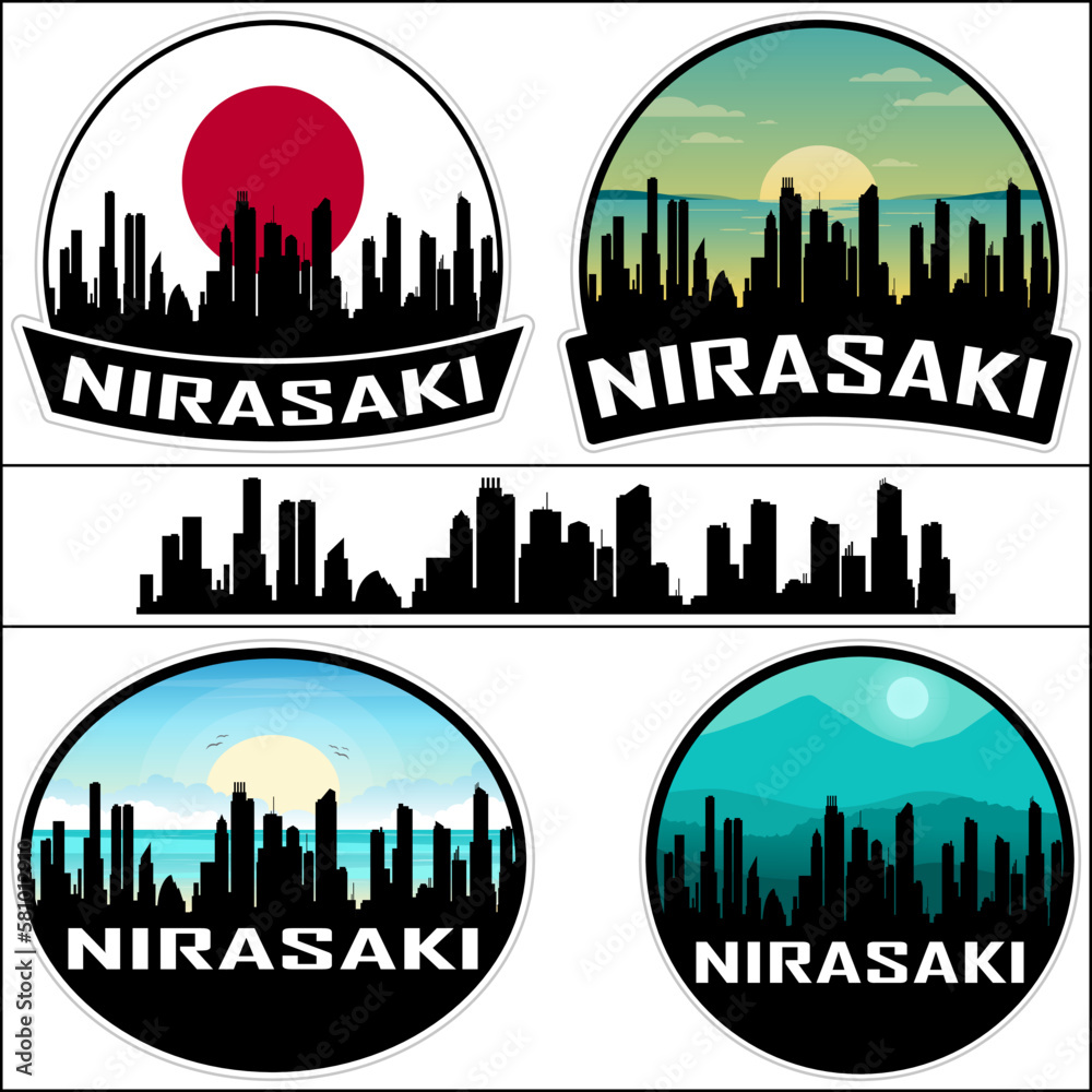 Nirasaki Skyline Silhouette Japan Flag Travel Souvenir Sticker Sunset Background Vector Illustration SVG EPS AI