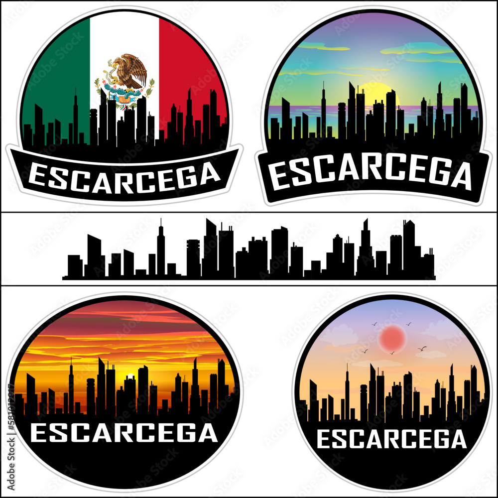 Escarcega Skyline Silhouette Mexico Flag Travel Souvenir Sticker Sunset Background Vector Illustration SVG EPS AI