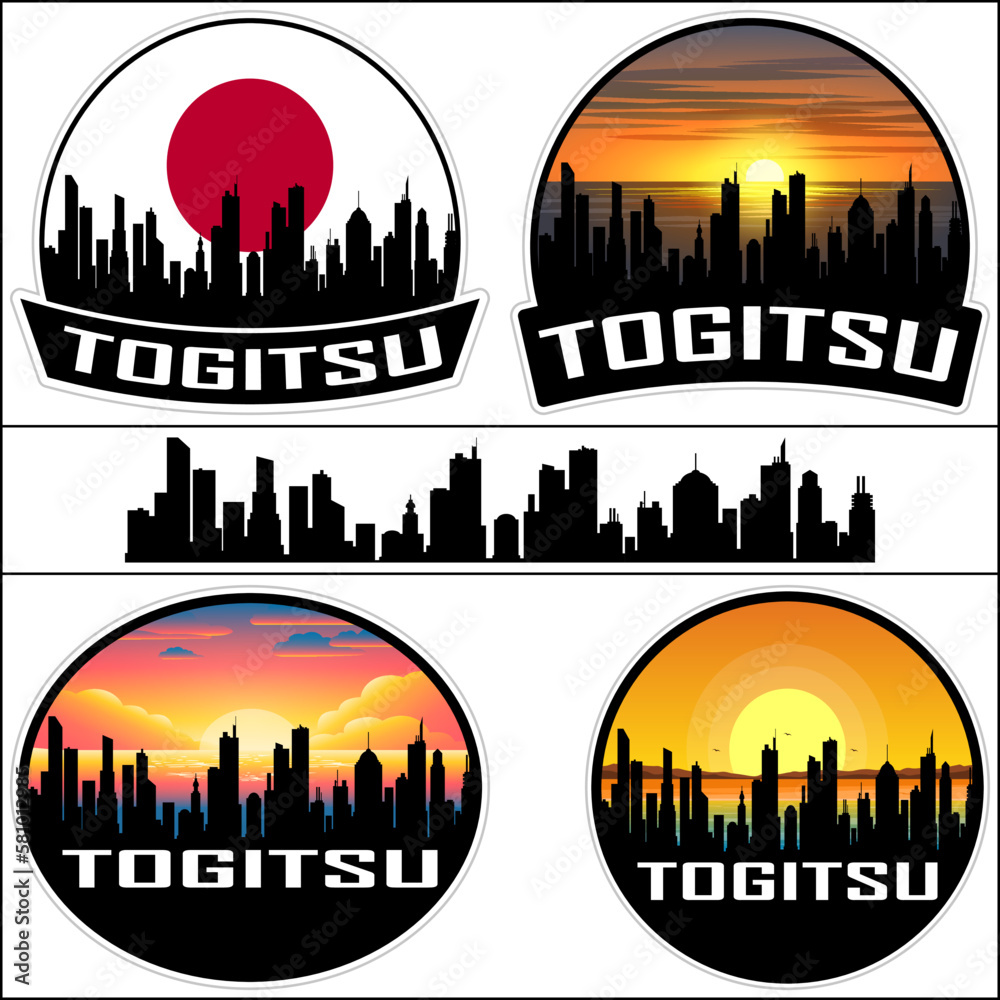 Togitsu Skyline Silhouette Japan Flag Travel Souvenir Sticker Sunset Background Vector Illustration SVG EPS AI
