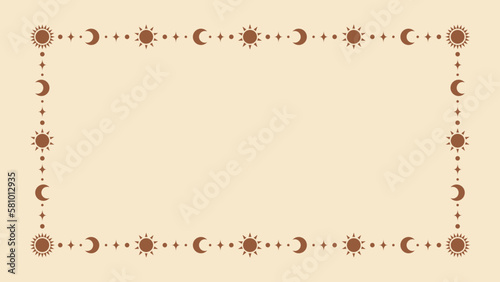 Mystic celestial frame with sun, stars, moon phases, crescents and copy space. Ornate bohemian magical background.